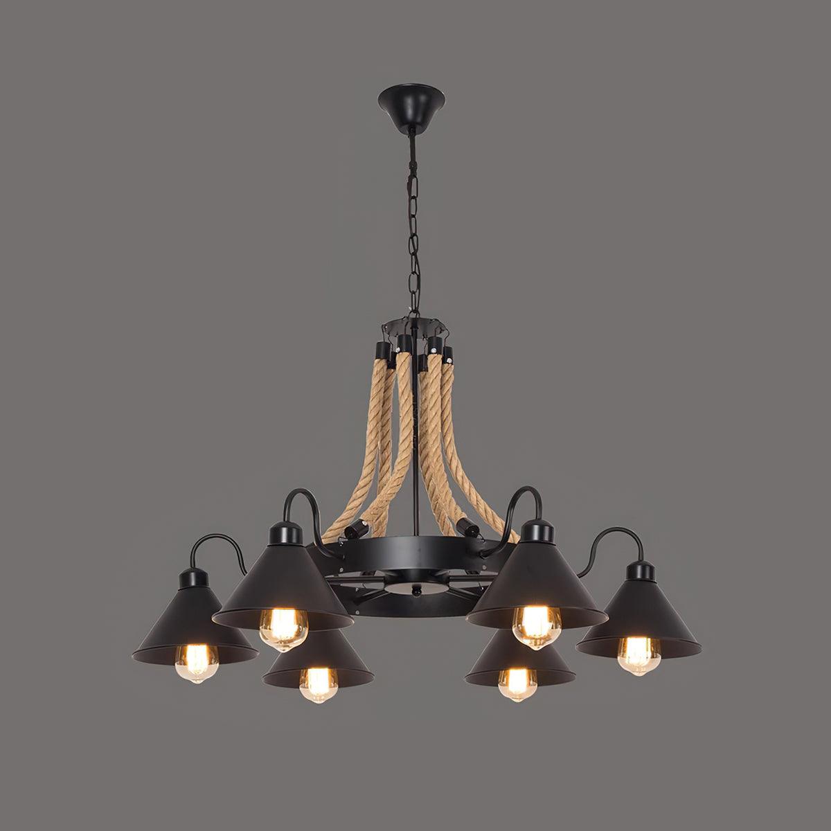 Hemp Rope Industrial Horn Chandelier 6Heads Dia 34.6″ x H 23.6″ / Dia 88cm x H 60cm / Black & Linen color Chandelier