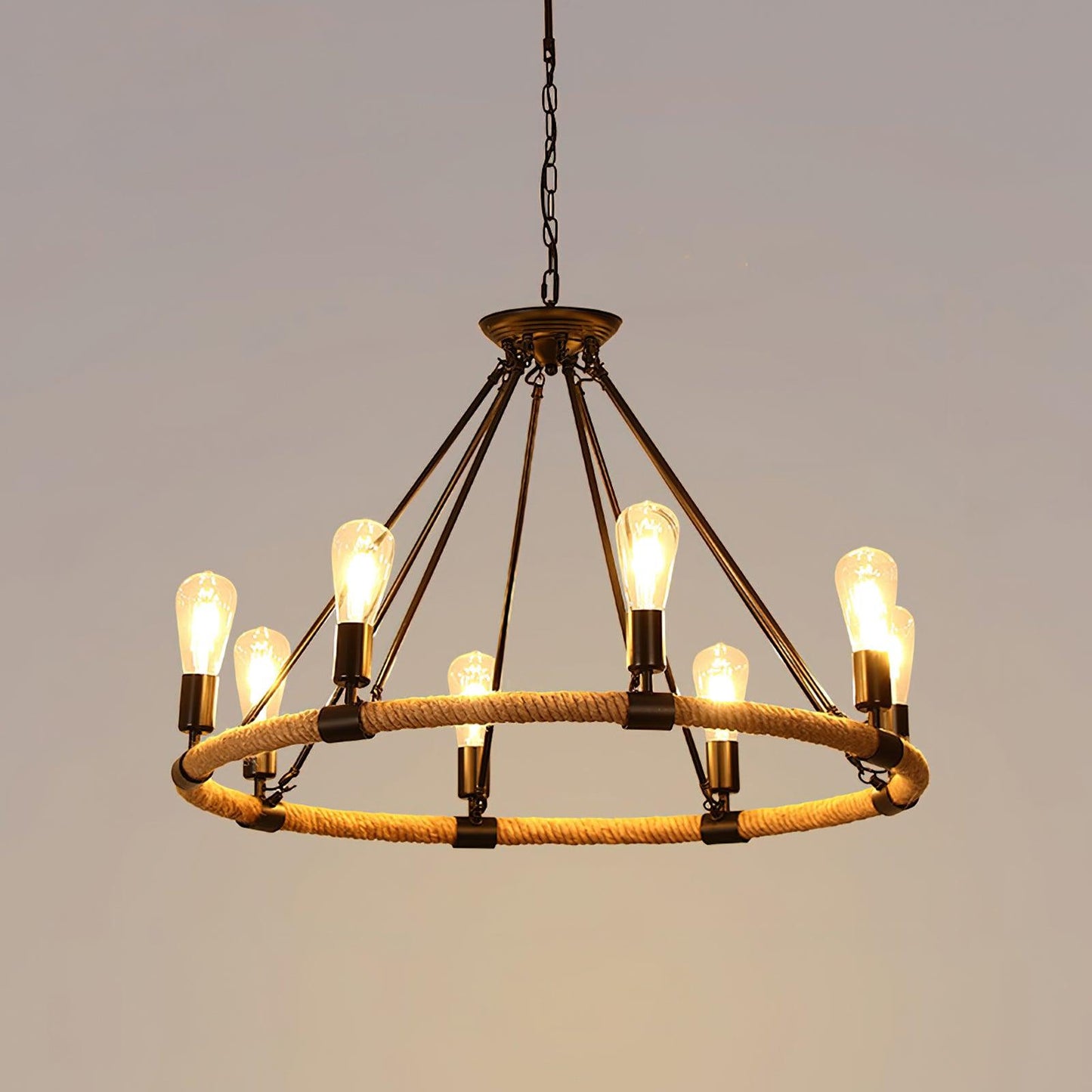 Hemp Rope Industrial Large Circle Chandelier 8Heads Dia 31.5″ x H 27.6″ / Dia 80cm x H 70cm / Black & Linen color