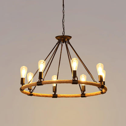 Hemp Rope Industrial Large Circle Chandelier 8Heads Dia 31.5″ x H 27.6″ / Dia 80cm x H 70cm / Black & Linen color