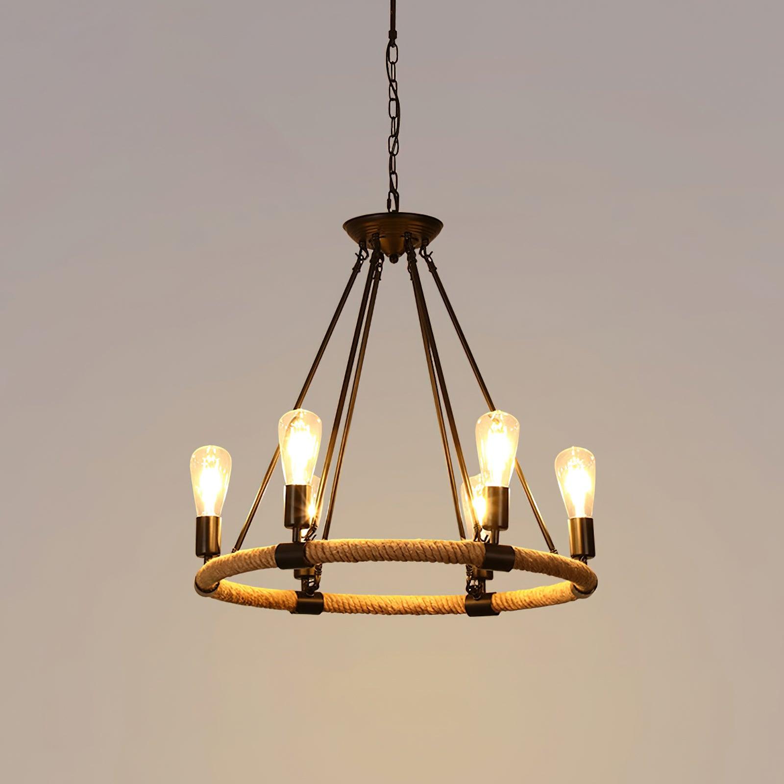 Hemp Rope Industrial Large Circle Chandelier 6Heads Dia 23.6″ x H 27.6″ / Dia 60cm x H 70cm / Black & Linen color