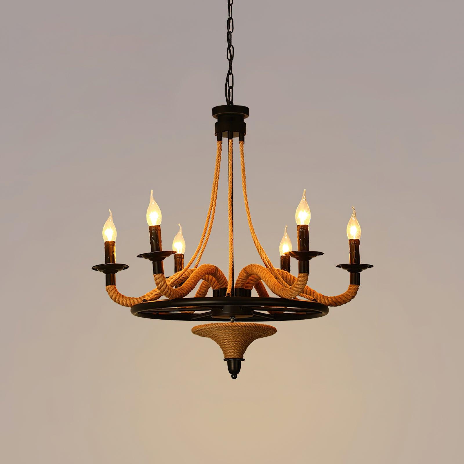 Hemp Rope Industrial Large Wheel Chandelier 6Heads Dia 26.8″ x H 30.7″ / Dia 68cm x H 78cm / Black & Linen color