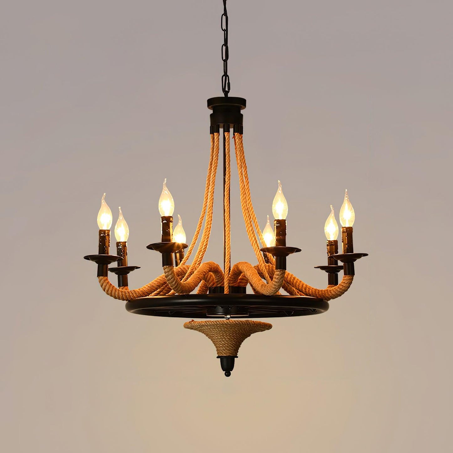 Hemp Rope Industrial Large Wheel Chandelier 8Heads Dia 26.8″ x H 30.7″ / Dia 68cm x H 78cm / Black & Linen color