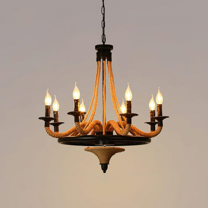 Hemp Rope Industrial Large Wheel Chandelier 8Heads Dia 26.8″ x H 30.7″ / Dia 68cm x H 78cm / Black & Linen color