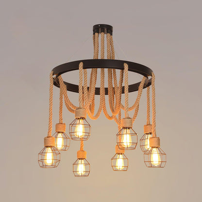 Hemp Rope Industrial Starfall Chandelier 8Heads Dia 30.7″ x H 47.2″ / Dia 78cm x H 120cm / Black & Linen color Chandelier