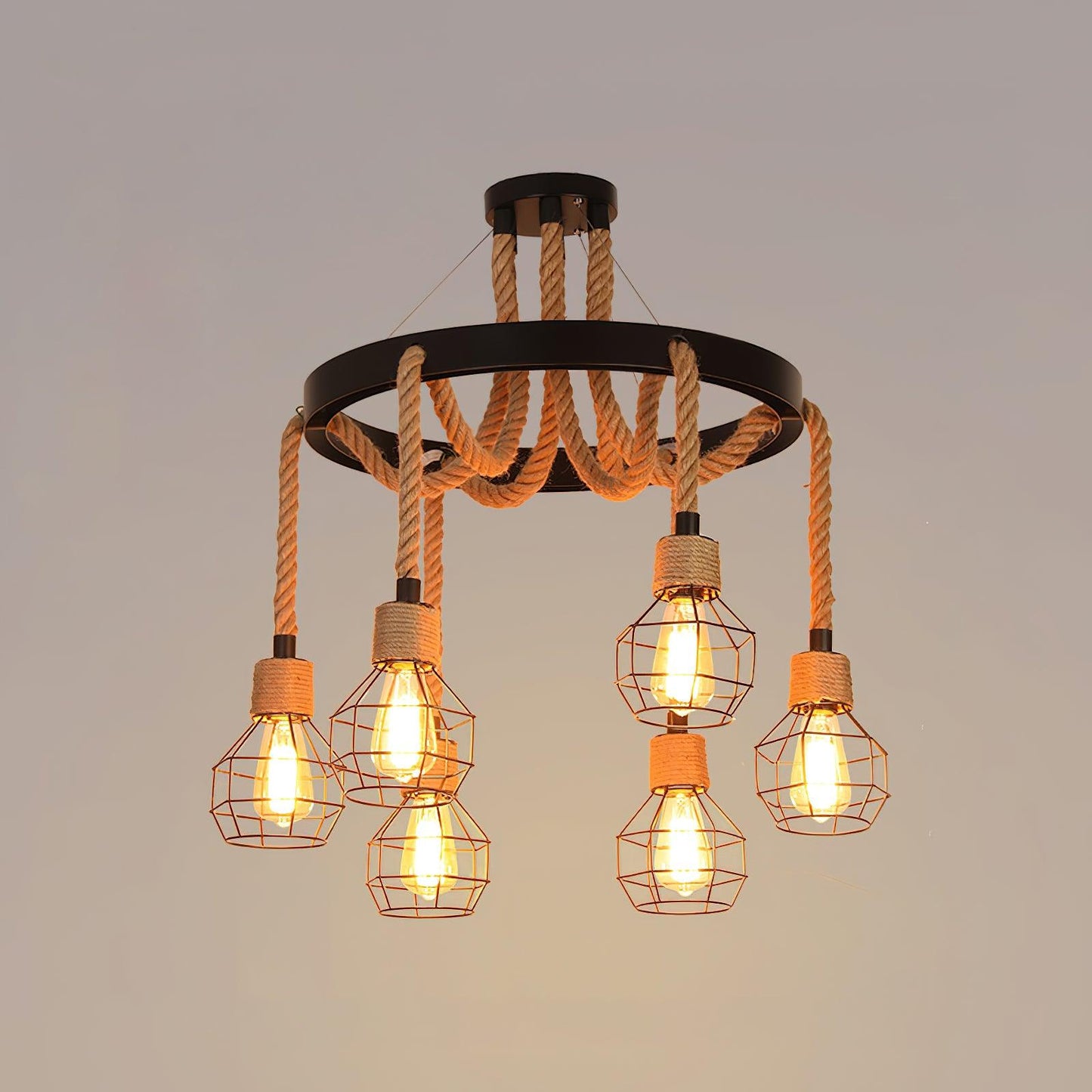 Hemp Rope Industrial Starfall Chandelier 6Heads Dia 26.8″ x H 47.2″ / Dia 68cm x H 120cm / Black & Linen color Chandelier