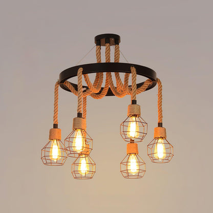 Hemp Rope Industrial Starfall Chandelier 6Heads Dia 26.8″ x H 47.2″ / Dia 68cm x H 120cm / Black & Linen color Chandelier