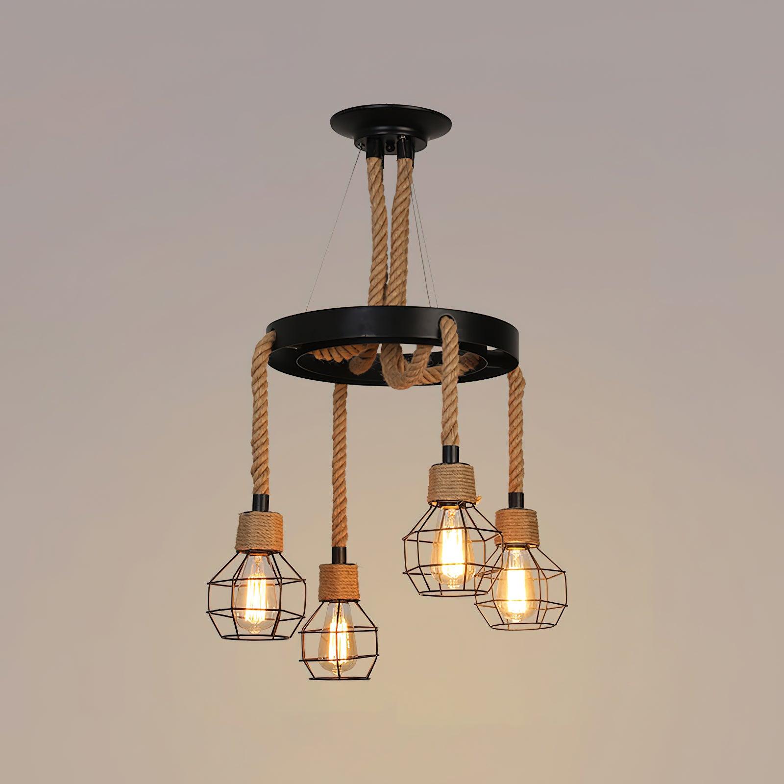 Hemp Rope Industrial Starfall Chandelier 4Heads Dia 21.7″ x H 47.2″ / Dia 55cm x H 120cm / Black & Linen color Chandelier