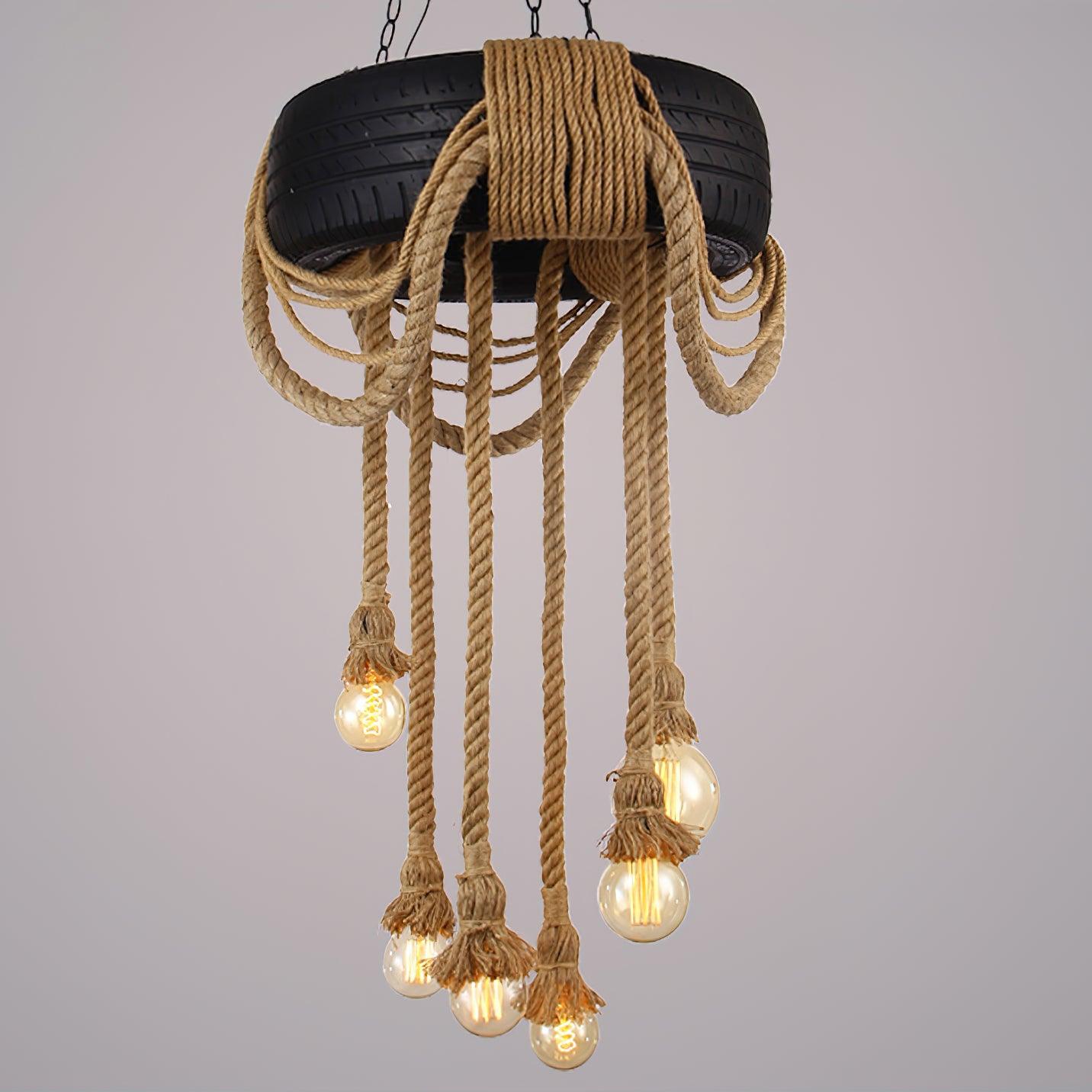 Hemp Rope Industrial Tire Chandelier ? 23.6″ x H 47.2″ / Dia 60cm x H 120cm / Black & Linen color Chandelier