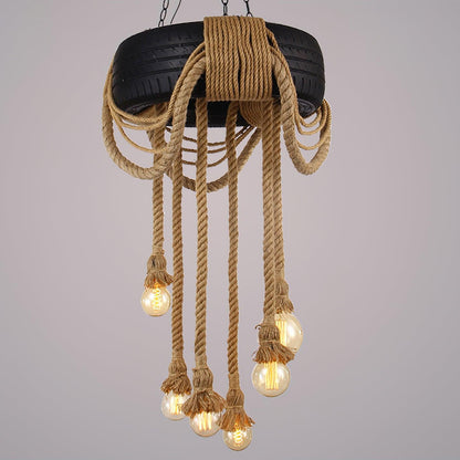 Hemp Rope Industrial Tire Chandelier ? 23.6″ x H 47.2″ / Dia 60cm x H 120cm / Black & Linen color Chandelier