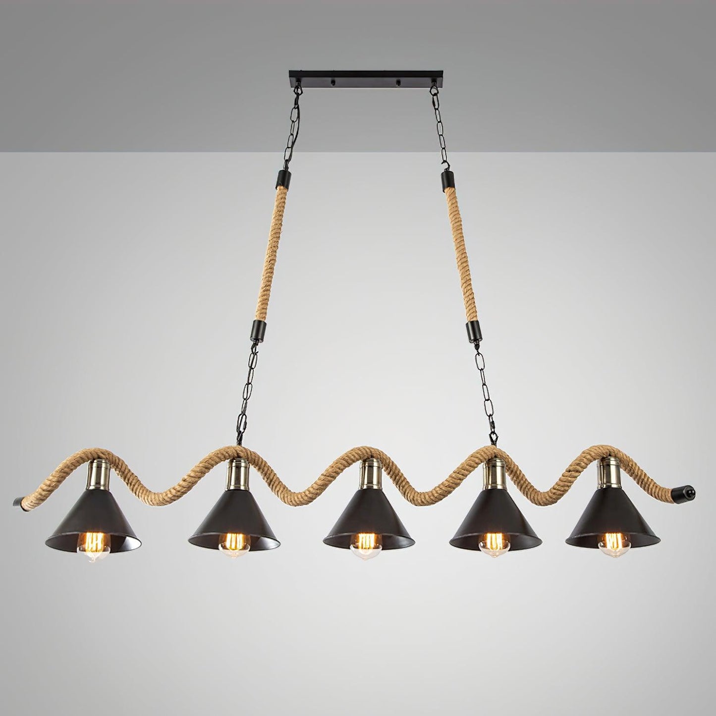 Hemp Rope Industrial Wave Chandelier 5Heads L 57.1″ x H 7.9″ / L 145cm x H 20cm / Black & Linen color Chandelier