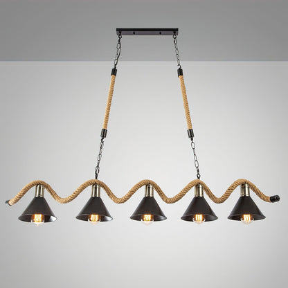 Hemp Rope Industrial Wave Chandelier 5Heads L 57.1″ x H 7.9″ / L 145cm x H 20cm / Black & Linen color Chandelier