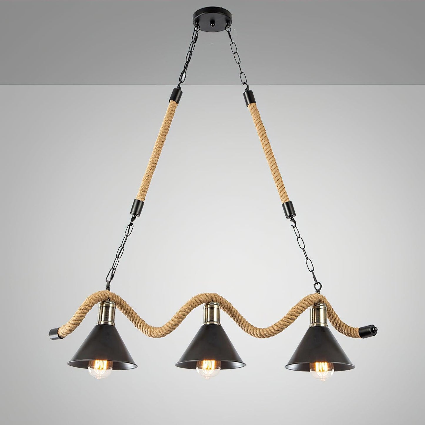 Hemp Rope Industrial Wave Chandelier 3Heads L 31.5″ x H 7.9″ / L 80cm x H 20cm / Black & Linen color Chandelier