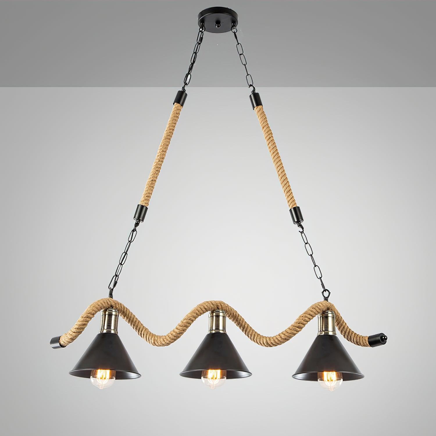Hemp Rope Industrial Wave Chandelier 3Heads L 31.5″ x H 7.9″ / L 80cm x H 20cm / Black & Linen color Chandelier