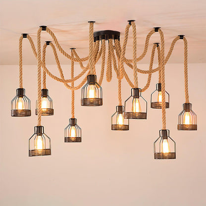 Hemp Rope Scattered Flower Chandelier Model B Dia 59.1″ x H 39.4″ / Dia 150cm x H 100cm / Black & Linen color Chandelier