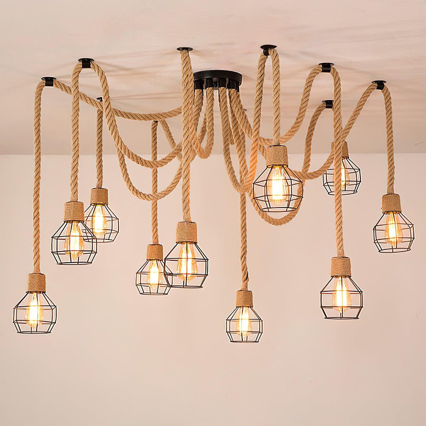 Hemp Rope Scattered Flower Chandelier Model C Dia 59.1″ x H 39.4″ / Dia 150cm x H 100cm / Black & Linen color Chandelier
