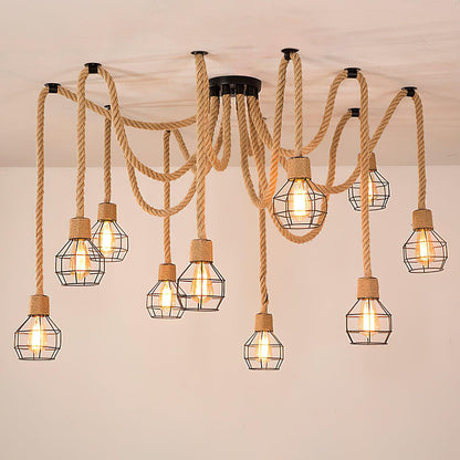 Hemp Rope Scattered Flower Chandelier Model C Dia 59.1″ x H 39.4″ / Dia 150cm x H 100cm / Black & Linen color Chandelier