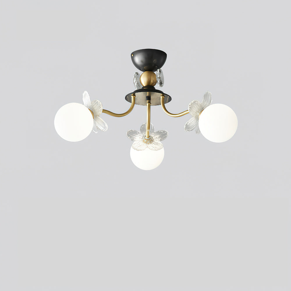 Blossom Flower Glass Chandelier 3 Heads ? 23.6″ x H 13.8″ / Dia 60cm x H 35cm / Brass & White Ceiling lamp