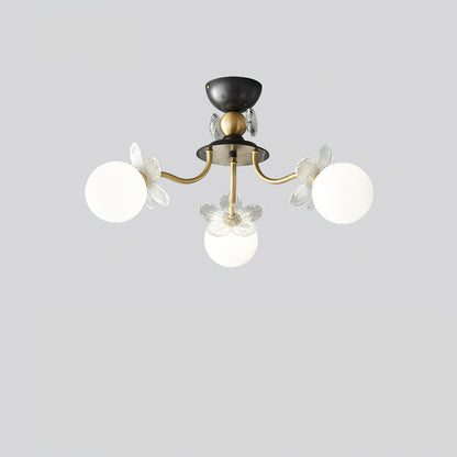 Blossom Flower Glass Chandelier 3 Heads ? 23.6″ x H 13.8″ / Dia 60cm x H 35cm / Brass & White Ceiling lamp