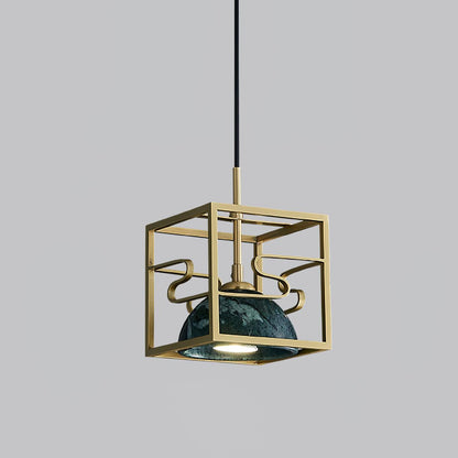 Lantern Square Pendant Lamp Model B Dia 7.8″ x H 7.8″ / Dia 20cm x H 20cm / Polished Brass + Green Marble Pendant light