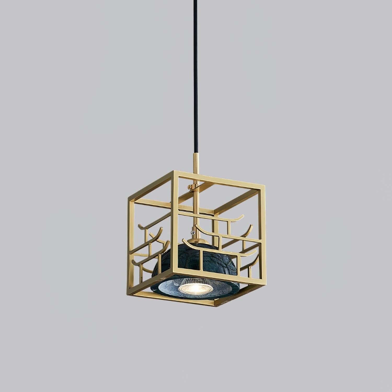 Lantern Square Pendant Lamp Model A Dia 5.9″ x H 5.9″ / Dia 15cm x H 15cm / Polished Brass + Green Marble Pendant light