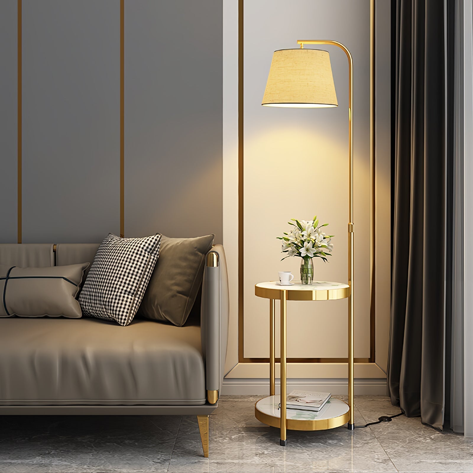 Lilah Floor Lamp Dia 13.8″ x H 63″ / Dia 35cm x H 160cm (without drawer) / Gold & White / US plug Floor lamp