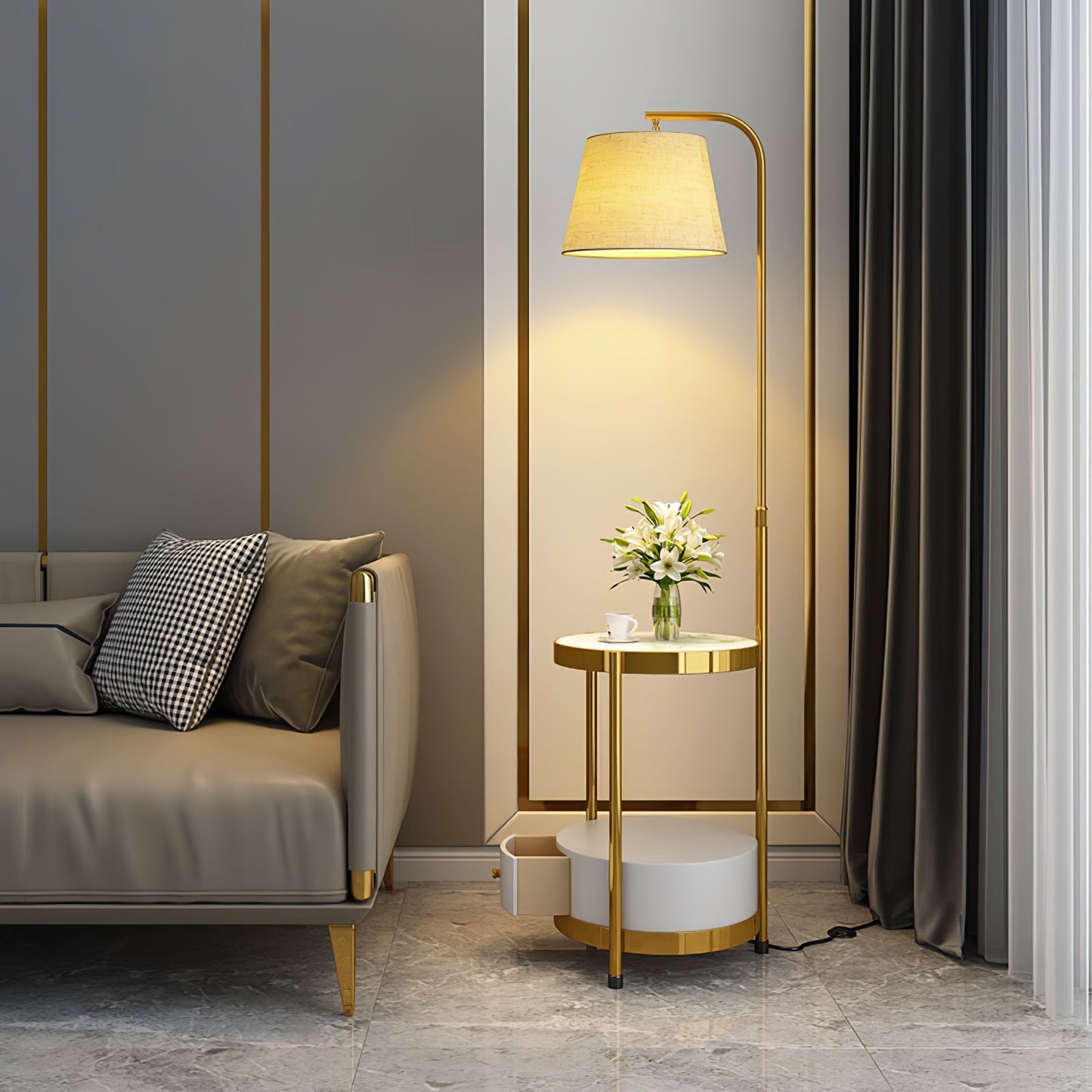 Lilah Floor Lamp ? 13.8″ x H 63″ / Dia 35cm x H 160cm (with drawer) / Gold & White / US plug Floor lamp
