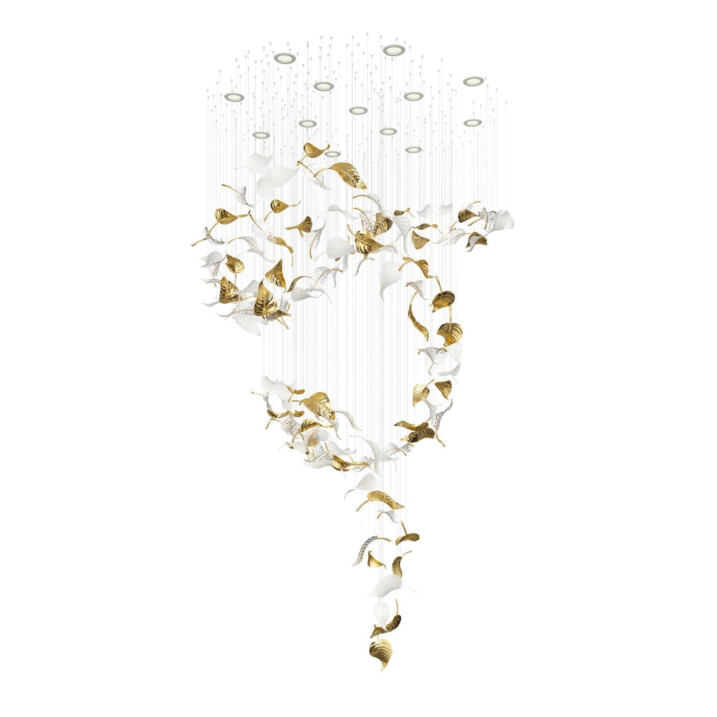 Linden Leaves Chandelier L 53.1″ x W 88.6″ x H 98.4″ / White & Clear & Gold / Warm Light Chandelier