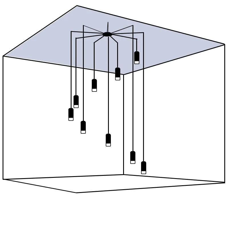 Line Form Pendant light 9 heads Cable L 600cm / H 236″ 9 Fixed hooks / Black Pendant light