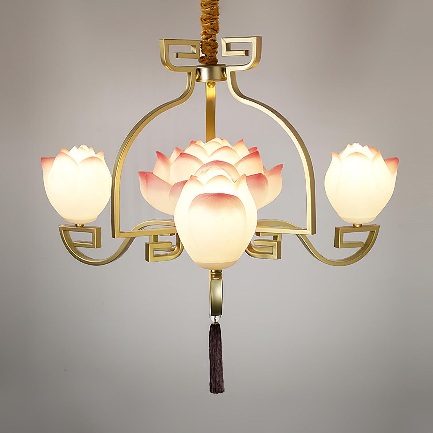 Lotus Bloom Chandelier 4 Heads Dia 33.5″ x H 18.1″ / Dia 85cm x H 46cm / Gold & White & Pink Chandelier