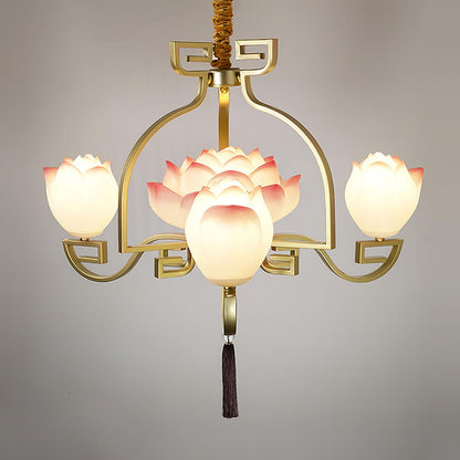 Lotus Bloom Chandelier 4 Heads Dia 33.5″ x H 18.1″ / Dia 85cm x H 46cm / Gold & White & Pink Chandelier