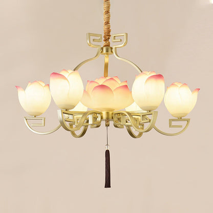 Lotus Bloom Chandelier 7 Heads Dia 33.5″ x H 18.1″ / Dia 85cm x H 46cm / Gold & White & Pink Chandelier