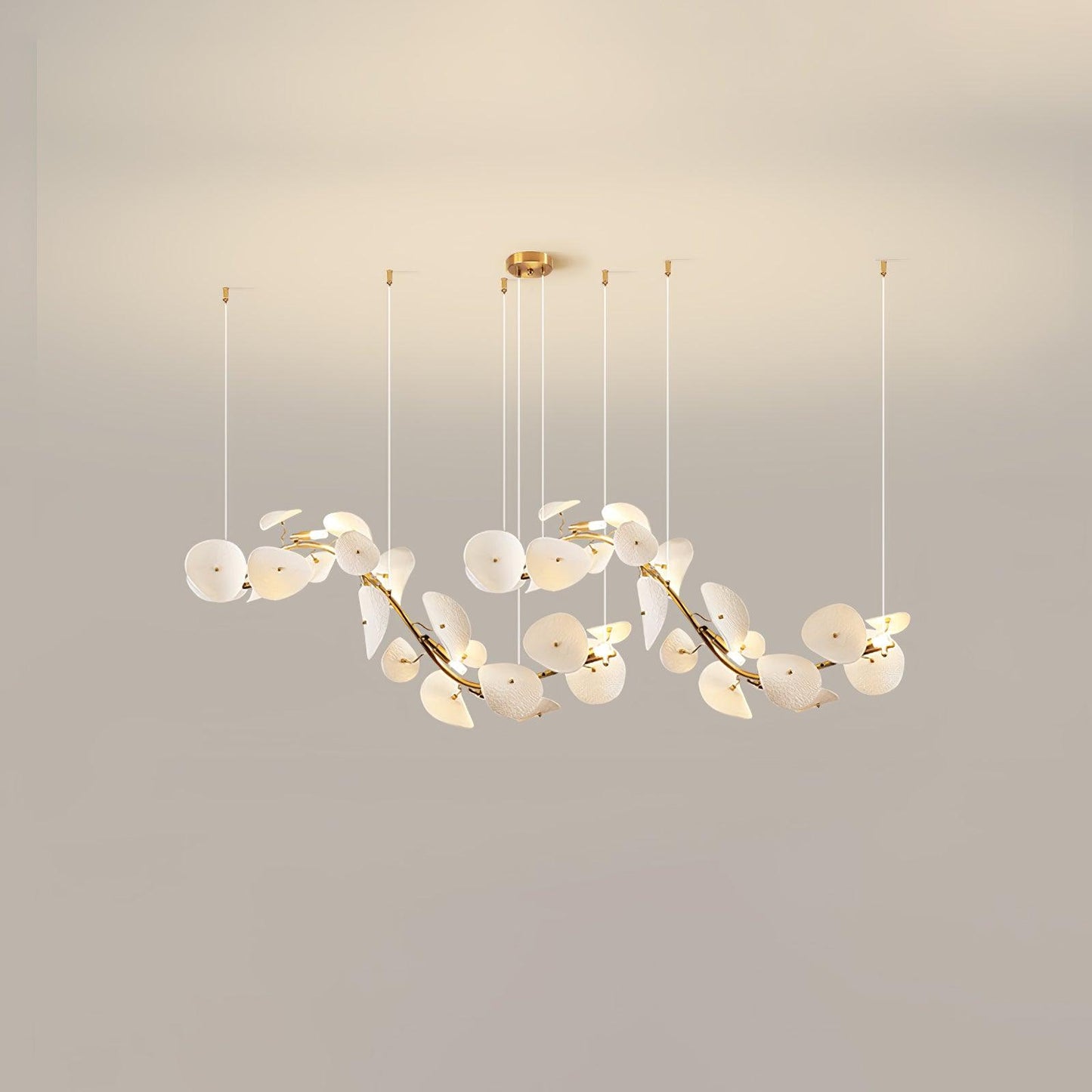 Lotus Petal Chandelier 12 heads L 63″ x W 11.8″ x H 19.7″ / L 160cm x W 30cm x H 50cm / Gold & White Ceramic Chandelier