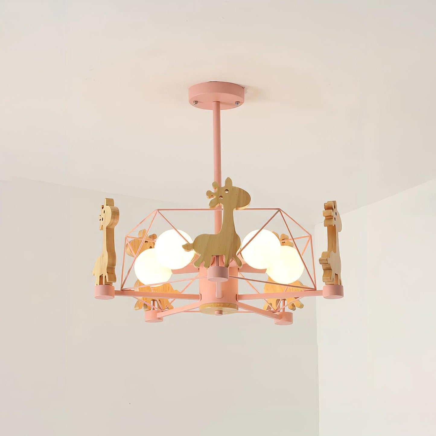 Lovely Deer Wooden Chandelier Dia 20.8″ x H 18.5″ / Dia 53cm x H 47cm / Pink & Natural wood Chandelier