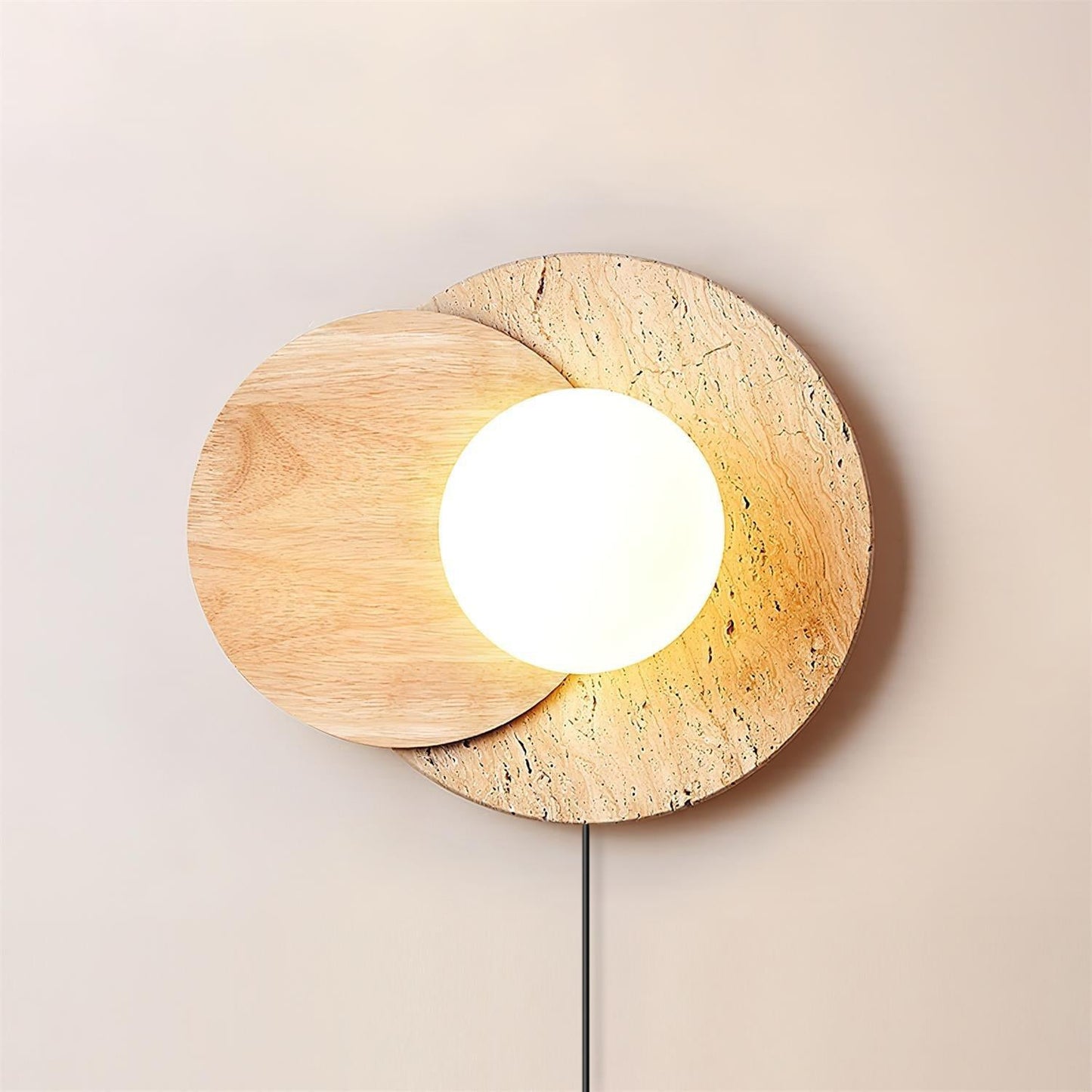 Lunar Eclipse Plug-in Wall Lamp Dia 11.8″ x H 9.8″ / Dia 30cm x H 25cm / Wood Color & Beige / US Plug Wall lamp