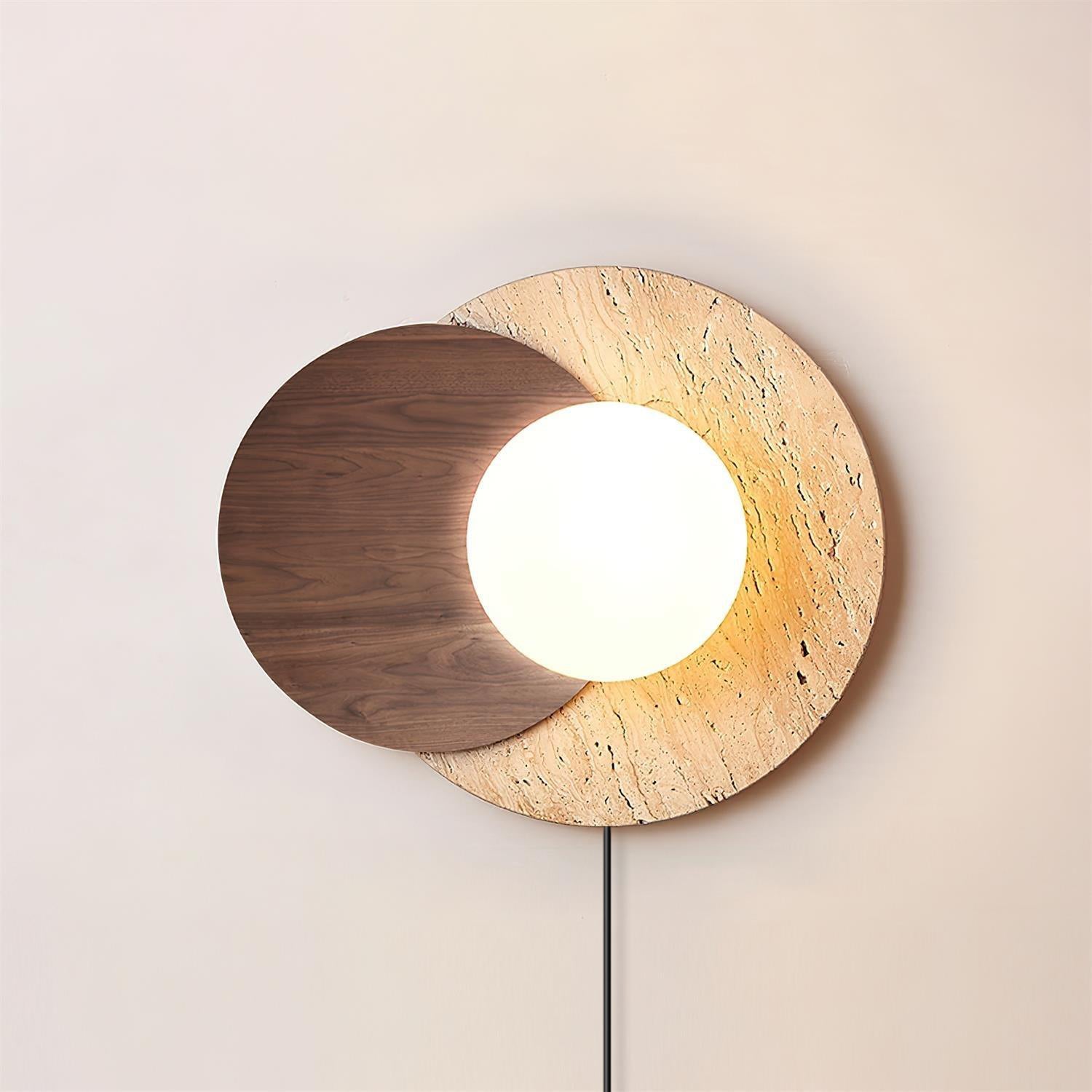 Lunar Eclipse Plug-in Wall Lamp Dia 11.8″ x H 9.8″ / Dia 30cm x H 25cm / Walnut Color & Beige / US Plug Wall lamp