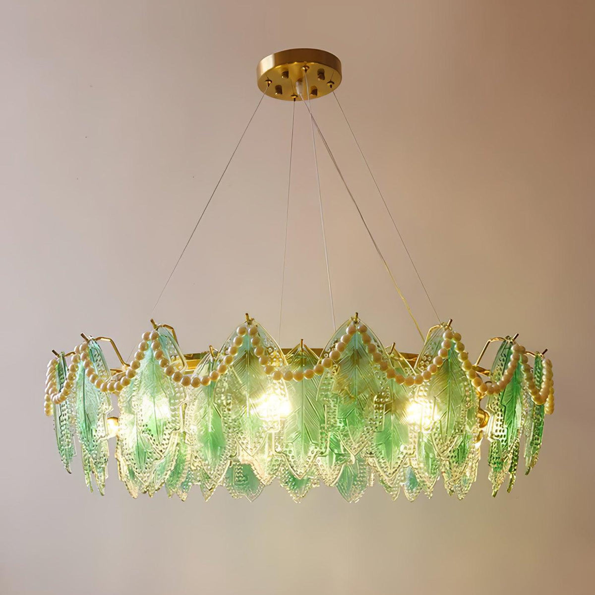 Maple Leaf Glass Chandelier Dia 31.5″ x H 8.3″ / Dia 80cm x H 21cm / Pearl style: Green glass Chandelier