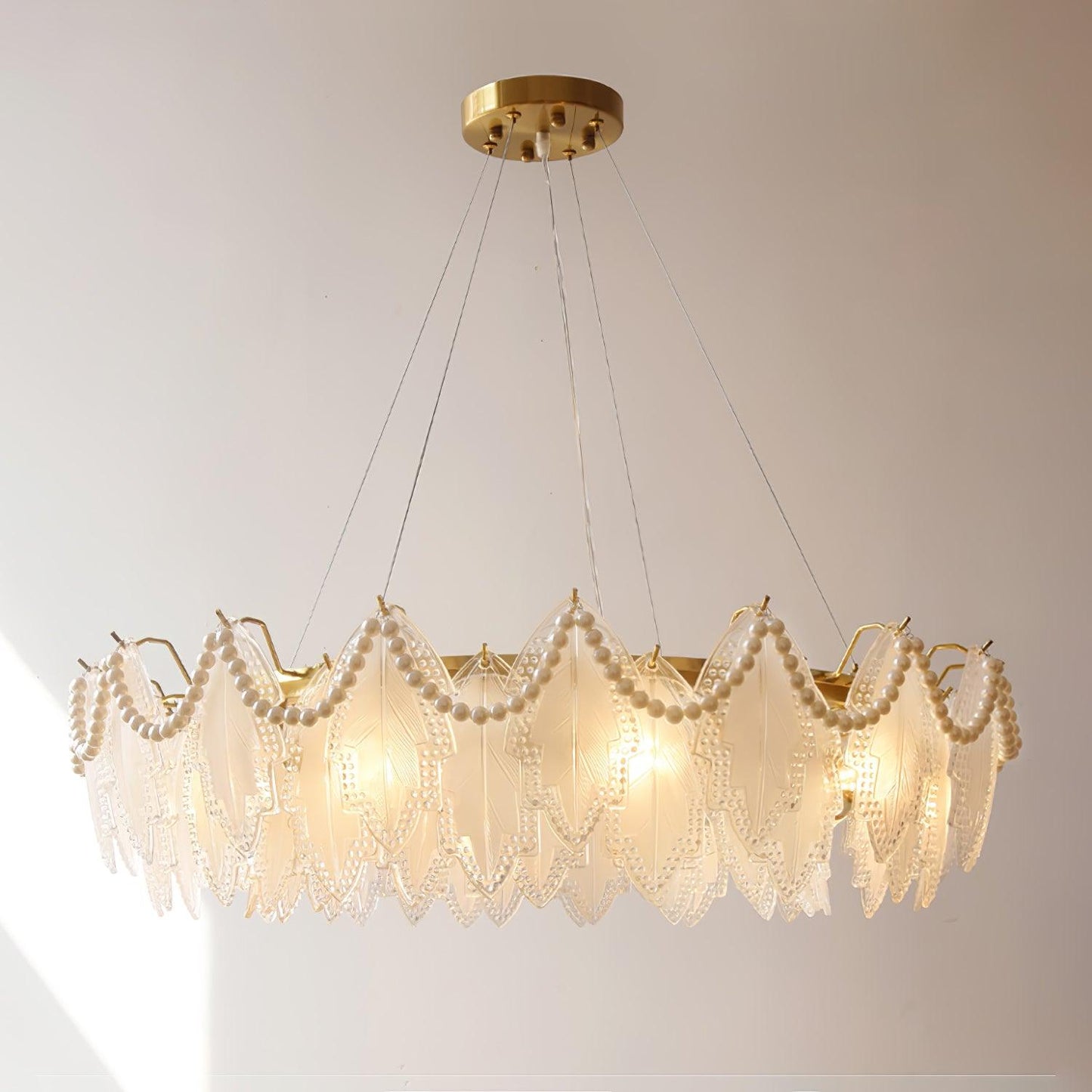 Maple Leaf Glass Chandelier ? 31.5″ x H 8.3″ / Dia 80cm x H 21cm / Pearl style: Frosted white glass Chandelier