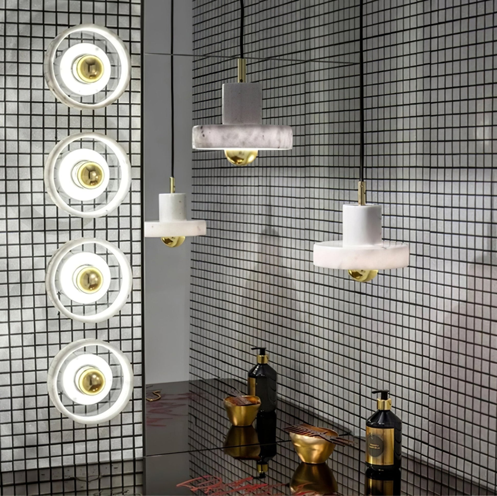 Marble Aura Pendant Lamp Dia 7.1″ x H 6.3″ / Gold & White / Warm Light Pendant light