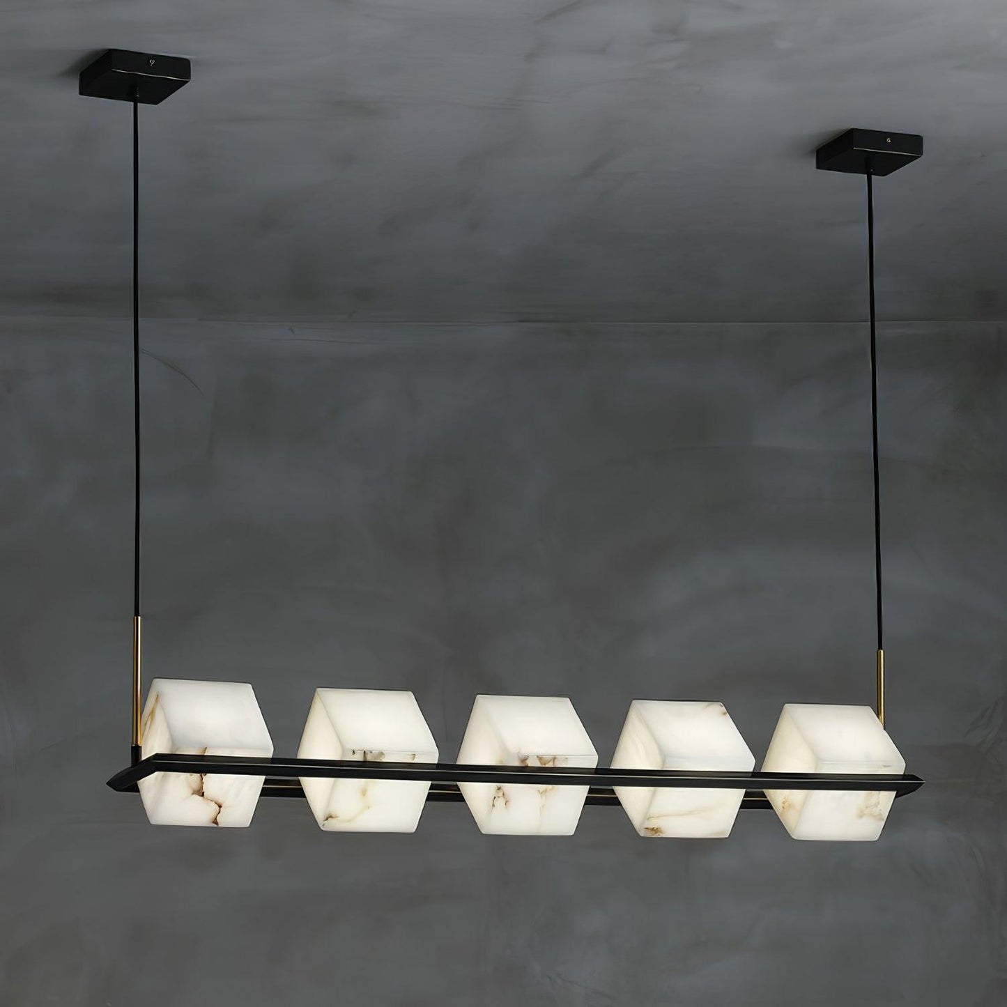 Alabaster Square Box Chandelier 5 Heads L 39.4″ x W 6.7″ x H 6.7″ / L 100cm x W 17cm x H 17cm / Brass & Black & White