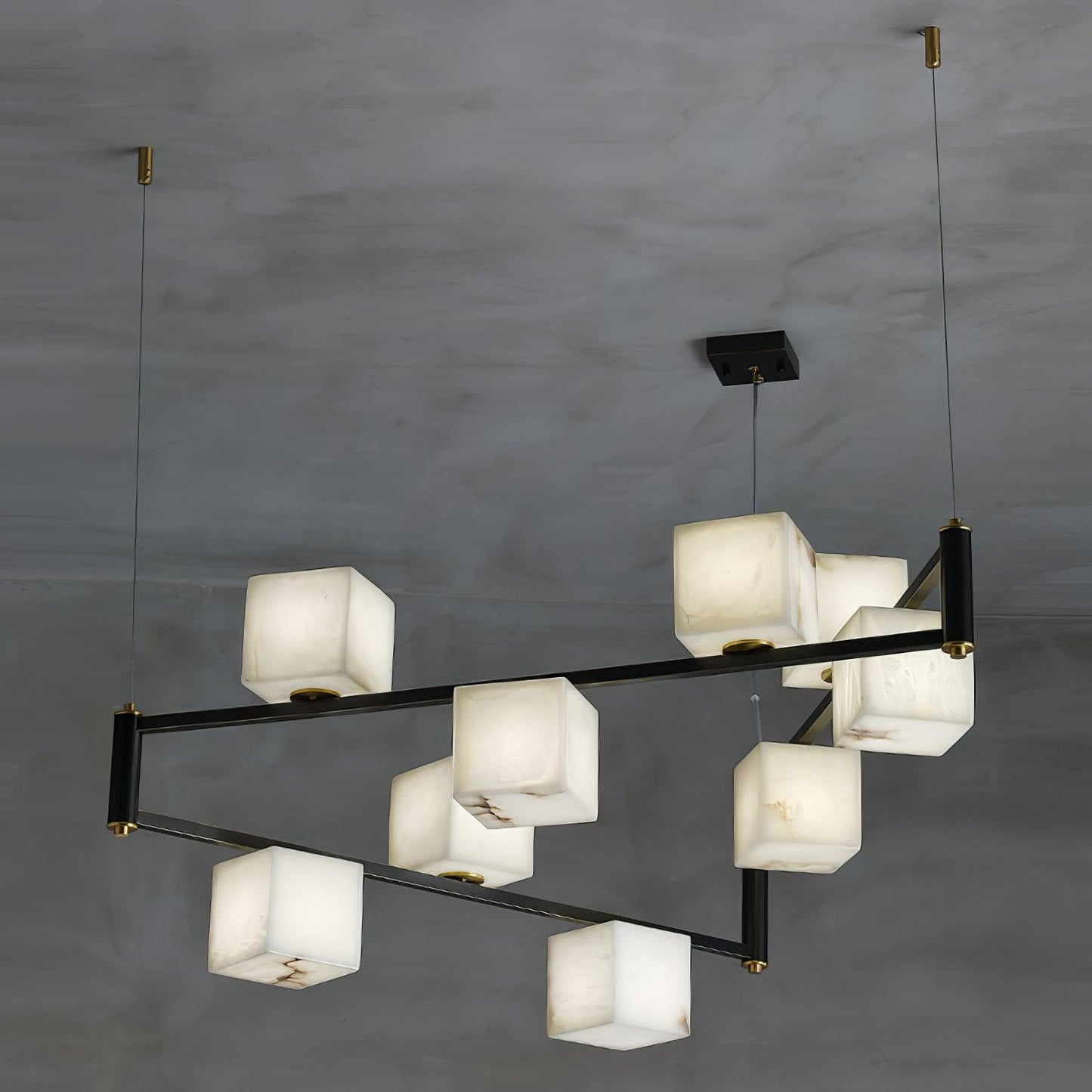 Alabaster Square Box Chandelier 9 Heads L 41.3″ x W 41.3″ x H 17.7″ / L 105cm x W 105cm x H 45cm / Brass & Black &