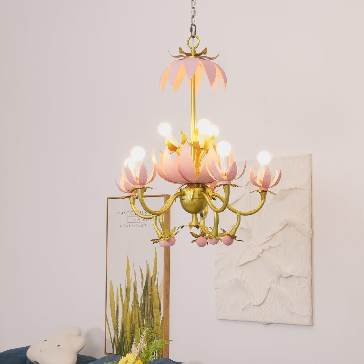 Mardi Gras Blossom Chandelier 5 + 3 heads Φ 24.4″ x H 23.2″ / Dia 62cm x H 59cm / Pink & Gold Chandelier