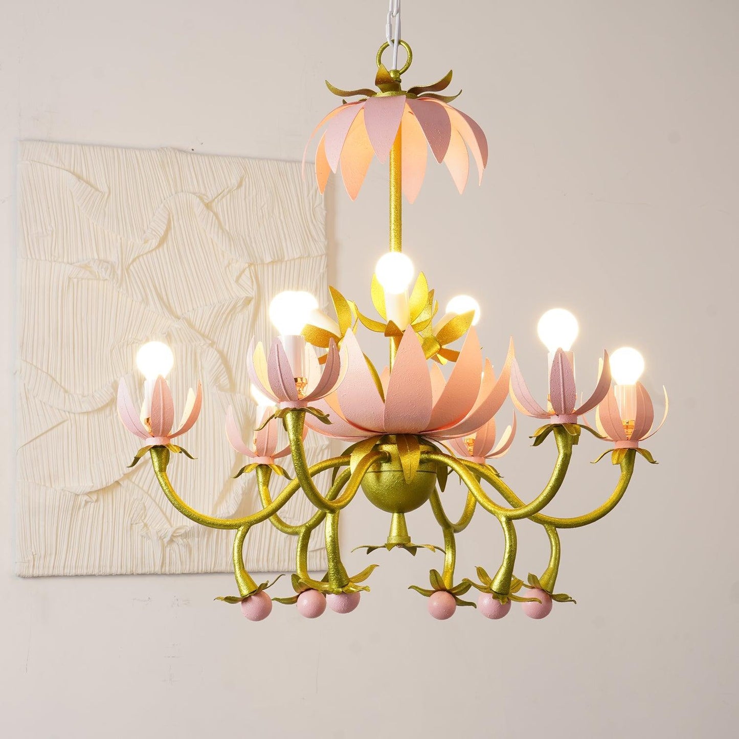 Mardi Gras Blossom Chandelier 6 + 3 heads Φ 29.9″ x H 27.6″ / Dia 76cm x H 70cm / Pink & Gold Chandelier