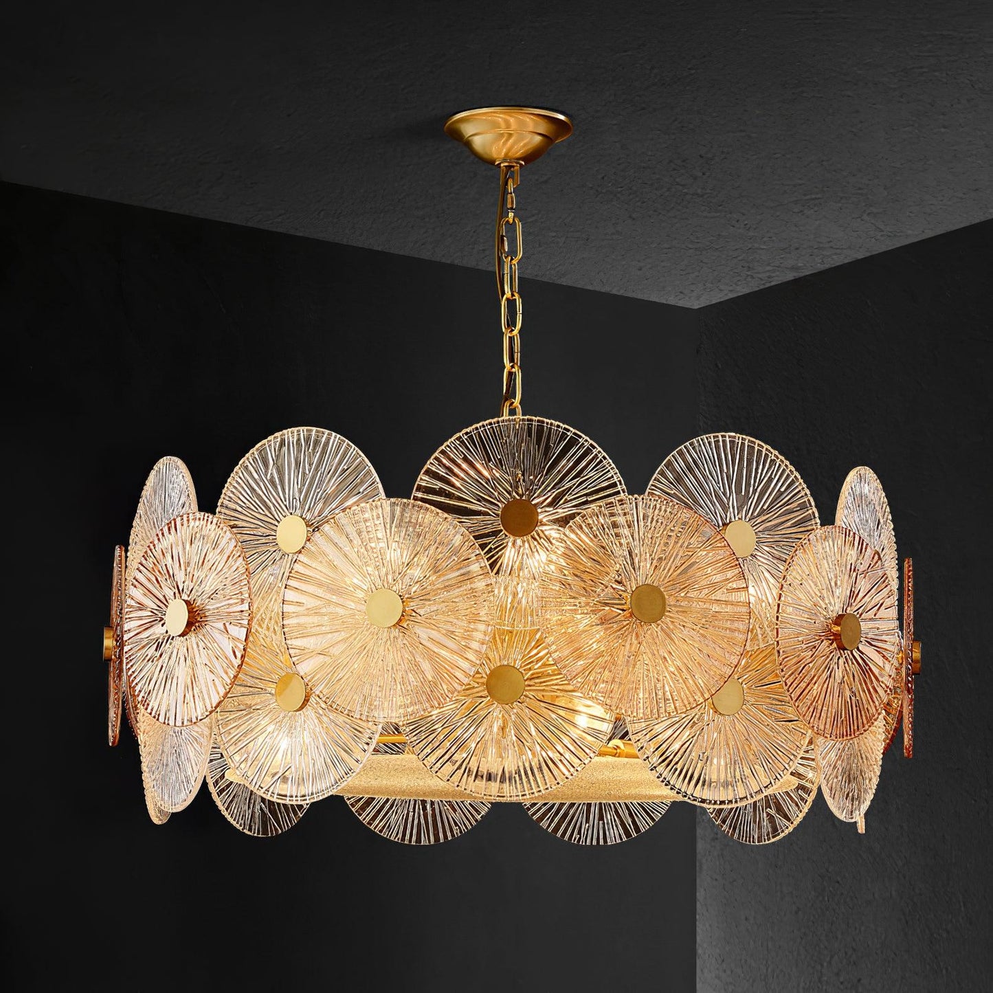 Maytoni Aster Chandelier Dia 39.4″ x H 13.8″ / Dia 100cm x H 35cm / Gold & Amber Chandelier
