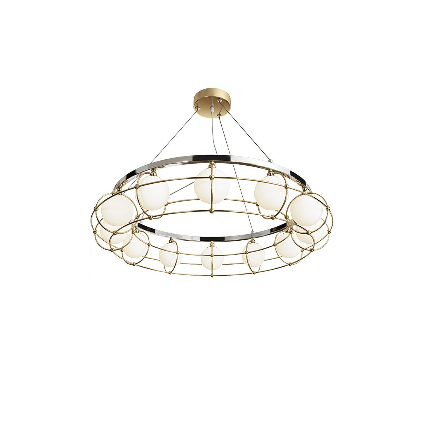Maytoni Round Chandelier 12 lamps ? 37.4″ x H 59″ / Dia 95cm x H 150cm / Titanium Gold & Chrome & White / Warm Light