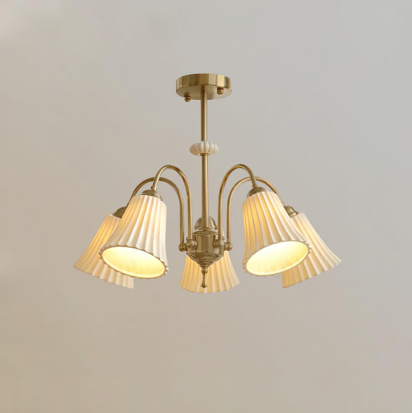 Medieval Ceramic Trumpet Chandelier 5 Lamps ? 23.6″ x H 16.9″ / Dia 60cm x H 43cm / Gold & White Chandelier