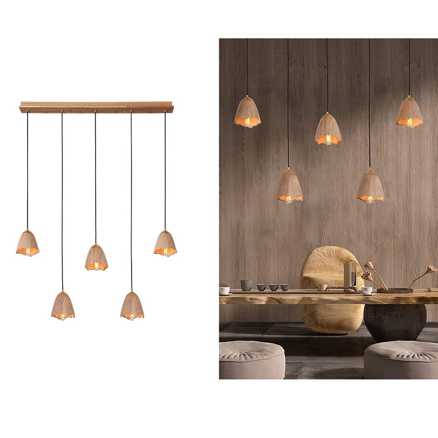 Melody Bell Pendant Lamp Long canopy 5 heads Dia 41.7″ x H 59.1″ / Wood Color Pendant light
