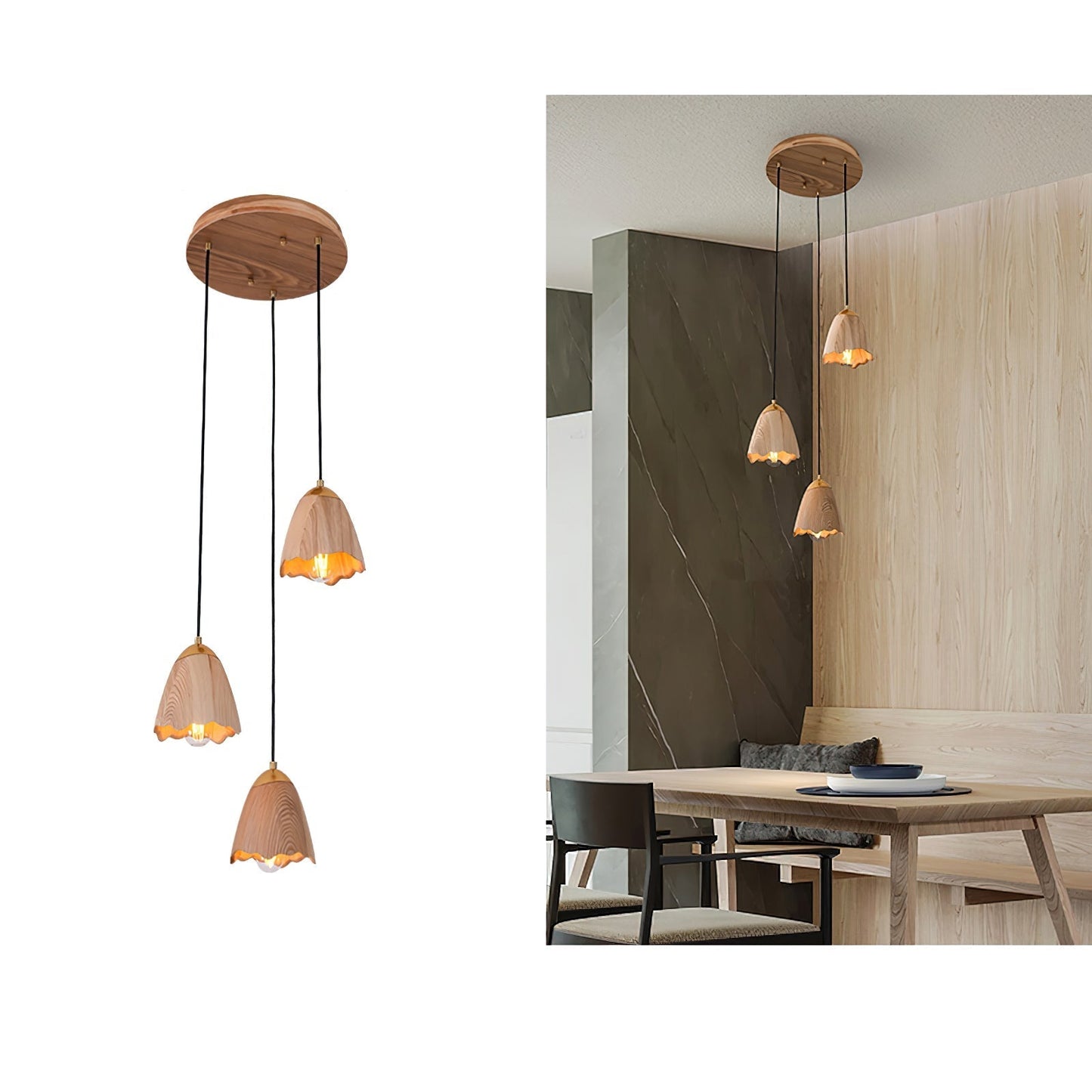 Melody Bell Pendant Lamp Round canopy 3 heads Dia 11.8″ x H 59.1″ / Wood Color Pendant light
