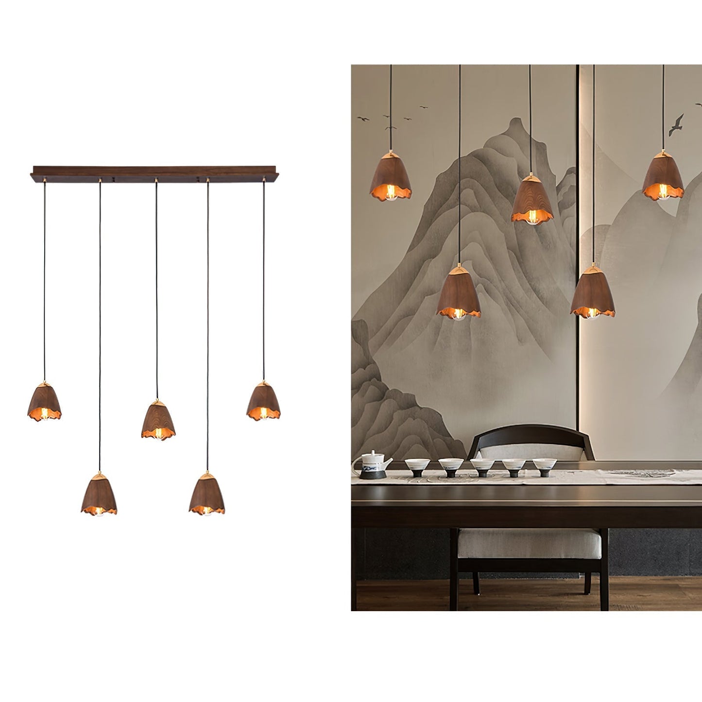 Melody Bell Pendant Lamp Long canopy 5 heads Dia 41.7″ x H 59.1″ / Walnut Color Pendant light