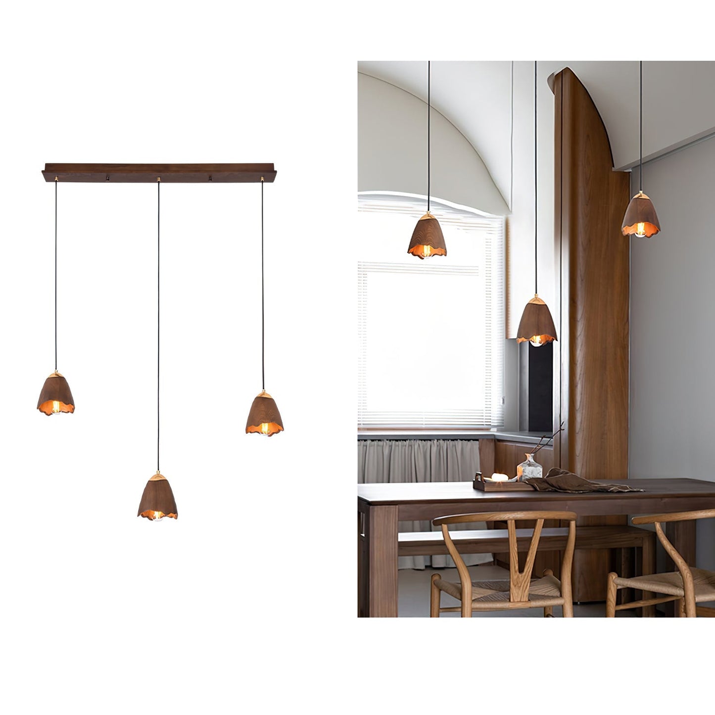 Melody Bell Pendant Lamp Long canopy 3 heads Dia 27.6″ x H 59.1″ / Walnut Color Pendant light