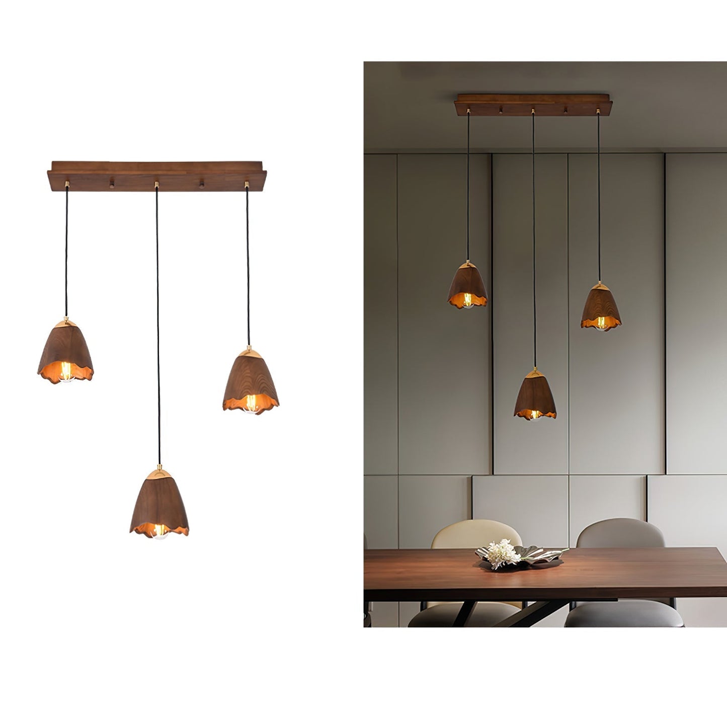 Melody Bell Pendant Lamp Long canopy 3 heads Dia 19.7″ x H 59.1″ / Walnut Color Pendant light